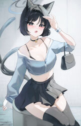 Rule 34 | 1girl, absurdres, alternate costume, animal ears, bag, bare shoulders, bell, black bra, black choker, black eyes, black hair, black skirt, black thighhighs, blue archive, blue shirt, bra, bra strap, breasts, bright pupils, cat ears, cat girl, cat tail, choker, cleavage, commentary, crop top, hair ornament, hairclip, halo, handbag, highres, jaduade, jingle bell, kikyou (blue archive), long sleeves, looking at viewer, medium breasts, midriff, miniskirt, multiple tails, navel, neck bell, open mouth, pleated skirt, shirt, short hair, sitting, skirt, solo, stomach, sweatband, tail, tail raised, thighhighs, two tails, underwear, zettai ryouiki