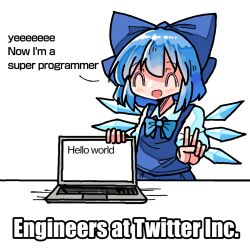 Rule 34 | 1girl, blue bow, blue bowtie, blue dress, blue hair, bow, bowtie, cirno, closed eyes, collared shirt, commentary, computer, dress, english text, facing viewer, hair bow, hands up, ice, ice wings, impact (font), kasuya baian, laptop, meme, open mouth, programming (topic), puffy short sleeves, puffy sleeves, shirt, short hair, short sleeves, simple background, smile, solo, touhou, twitter, v, white background, white shirt, wings