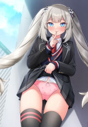 Rule 34 | 1girl, black jacket, black skirt, black thighhighs, blazer, blue eyes, bow, bow panties, clothes lift, collared shirt, fate/grand order, fate (series), finger to mouth, grey hair, highres, hoshino reiji, jacket, lifting own clothes, long hair, long sleeves, looking at viewer, marie antoinette (fate), miniskirt, navel, necktie, panties, pink panties, pleated skirt, print panties, red necktie, school uniform, shirt, skirt, skirt lift, smile, solo, standing, thighhighs, twintails, underwear, very long hair, white shirt