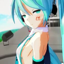 Rule 34 | 1girl, 3d, animated, aqua eyes, aqua hair, arms behind back, bare shoulders, breasts, cleavage, close-up, face tattoo, hatsune miku, long hair, looking at viewer, matching hair/eyes, medium breasts, mofumoko5, navel, necktie, no bra, open mouth, seductive smile, sideboob, skirt, smile, solo, standing, tagme, tattoo, twintails, video, vocaloid, waving