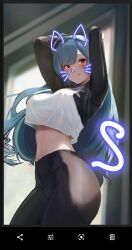 Rule 34 | 1girl, absurdres, animal ears, antenna hair, arms up, azur lane, black pants, black sleeves, blue hair, blurry, blurry background, cat ears, cat tail, closed mouth, crop top, crop top overhang, depth of field, facial mark, fake animal ears, fake screenshot, fake tail, fake whiskers, heart, heart facial mark, highres, indoors, long hair, marco polo (azur lane), midriff, pants, red eyes, shirt, shishiria, solo, symbol-shaped pupils, tail, tongue, tongue out, very long hair, white shirt