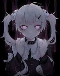 Rule 34 | 1girl, @ @, ahoge, animal collar, black collar, black shirt, chain, collar, commentary, dress shirt, ear piercing, earrings, grey eyes, hair ornament, hairclip, hands up, highres, holding, holding hair, jewelry, long hair, long sleeves, looking at viewer, lower teeth only, ompf, open mouth, original, piercing, pink eyes, shirt, skull, skull hair ornament, solo, teeth, twintails, upper body