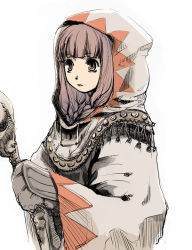Rule 34 | 1girl, brown eyes, cloak, cross-laced clothes, expressionless, final fantasy, holding, hood, long hair, long sleeves, purple hair, rod, simple background, sketch, solo, staff, upper body, white background, white mage (final fantasy), yuu (kfc)