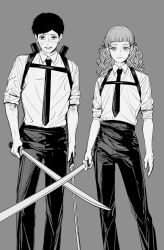 Rule 34 | 1boy, 1girl, amikoiiko, black hair, black necktie, black pants, blush, chainsaw man, commentary, dress shirt, fear &amp; hunger, fear &amp; hunger 2: termina, grey background, hair ribbon, highres, holding, holding sword, holding weapon, katana, levi (fear &amp; hunger), long hair, marina (fear &amp; hunger), mouth piercing, necktie, pants, ribbon, scabbard, sheath, shirt, short hair, simple background, sleeves rolled up, standing, sweat, sword, weapon