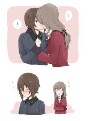 Rule 34 | 2girls, ?, arm grab, black gloves, black neckwear, blush, brown eyes, brown hair, closed eyes, closed mouth, commentary, cropped torso, dress shirt, girls und panzer, gloves, grey shirt, hand on own cheek, hand on own face, high collar, highres, insignia, jacket, kiss, kuromorimine school uniform, light frown, long hair, long sleeves, looking at another, low-tied long hair, mature female, multiple girls, neck ribbon, nishizumi maho, open mouth, red jacket, ribbon, school uniform, shimada chiyo, shirt, short hair, smile, spoken question mark, translated, white shirt, wing collar, yuri, yuuhi (arcadia)