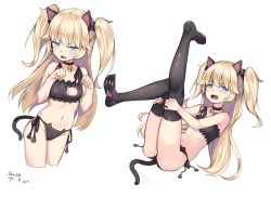 Rule 34 | 1girl, animal ears, arms up, ass, bad id, bad pixiv id, bell, black bra, black panties, black thighhighs, blonde hair, blue eyes, blush, bra, breasts, cat cutout, cat ear panties, cat ears, cat lingerie, cat tail, choker, clothing cutout, fang, girls&#039; frontline, gogongzid, highres, jingle bell, knees together feet apart, legs up, lingerie, long hair, lying, meme attire, multiple views, navel, neck bell, on back, open mouth, panties, paw pose, side-tie panties, simple background, small breasts, super-shorty (girls&#039; frontline), tail, thighhighs, two side up, underwear, white background