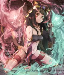 Rule 34 | 1girl, animal ears, bandeau, barefoot, bastet (p&amp;d), black hair, cat, cat ears, cat tail, detached sleeves, egyptian, facial mark, ghost, hieroglyphics, jewelry, long hair, navel, necklace, paw pose, poini (king-scarlet-dead), puzzle &amp; dragons, slit pupils, solo, tail, thigh strap, yellow eyes