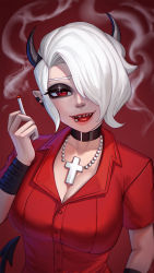 Rule 34 | 1girl, bad id, bad pixiv id, bead necklace, beads, black choker, black horns, breasts, choker, cigarette, cleavage, collarbone, collared shirt, commentary, demon girl, demon horns, dress shirt, ear piercing, hair over one eye, half-closed eye, hand up, helltaker, highres, holding, holding cigarette, horns, jewelry, large breasts, lerio (leriodraws), looking at viewer, necklace, open mouth, piercing, red background, red eyes, sharp teeth, shirt, short hair, smile, smoke, smoking, solo, tail, teeth, tongue, upper body, white hair, zdrada (helltaker)