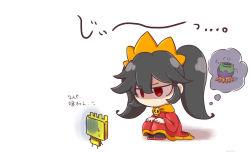 Rule 34 | 1girl, ashley (warioware), black hair, cauldron, chibi, dress, fronk, full body, hair between eyes, hairband, hands on own knees, highres, legs together, long hair, looking at another, nervous, nintendo, no mouth, no nose, orange hairband, orange neckwear, red dress, red eyes, shaded face, sidelocks, sitting, skull, sweat, thought bubble, twintails, warioware