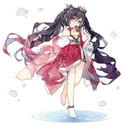 Rule 34 | 1girl, alternate costume, ankle bell, anklet, azur lane, back bow, barefoot, bell, black hair, bow, braid, creature, dango, eating, food, full body, gradient hair, holding, holding food, horns, i-168 (azur lane), i-168 (festive mood!) (azur lane), japanese clothes, jewelry, jingle bell, kimono, long sleeves, looking at viewer, multicolored hair, neck ribbon, official alternate costume, official art, pink bow, pink eyes, red ribbon, ribbon, sanshoku dango, saru, standing, tachi-e, transparent background, twintails, wagashi, wide sleeves