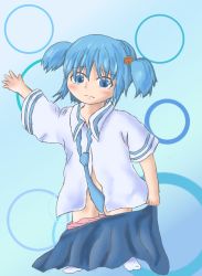 Rule 34 | 1girl, age regression, aged down, bad id, bad pixiv id, blue eyes, blue hair, blush, child, cube hair ornament, hair ornament, highres, holding, holding clothes, looking at viewer, matching hair/eyes, naganohara mio, necktie, nichijou, oversized clothes, panties, school uniform, serafuku, short hair, short twintails, simple background, skirt, solo, tears, tokisadame school uniform, twintails, underwear