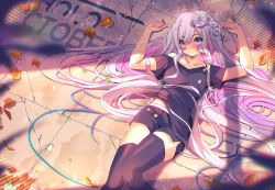Rule 34 | 1girl, absurdres, autumn leaves, black shirt, black shorts, black thighhighs, blush, colored inner hair, flower, grey hair, hair flower, hair ornament, highres, hololive, hololive english, jewel under eye, koseki bijou, looking at viewer, lying, multicolored hair, on back, pink hair, purple eyes, shirt, shorts, smile, solo, the0neulost, thighhighs, virtual youtuber