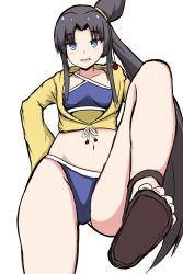 Rule 34 | 1girl, :d, absurdres, bikini, black hair, blue bikini, blue eyes, blush, breasts, brown footwear, fate/grand order, fate (series), groin, hair bun, heart, heart-shaped pupils, highres, jacket, long hair, looking at viewer, medium breasts, mitchi, navel, open mouth, parted bangs, sandals, shoe soles, side bun, side ponytail, sidelocks, single hair bun, single side bun, smile, solo, standing, standing on one leg, swimsuit, symbol-shaped pupils, toenails, ushiwakamaru (fate), ushiwakamaru (swimsuit assassin) (first ascension) (fate), very long hair, yellow jacket