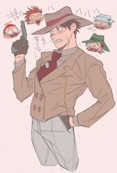 Rule 34 | 5boys, anger vein, angry, blue hat, blush, breast pocket, brown gloves, brown hair, brown jacket, cropped legs, crying, gloves, greasy (who framed roger rabbit), green hat, grey pants, gun, hand in pocket, handgun, hat, highres, holding, holding gun, holding weapon, humanization, jacket, male focus, multiple boys, necktie, open mouth, pants, pocket, propeller hat, psycho (who framed roger rabbit), red necktie, sharp teeth, short hair, smartass (who framed roger rabbit), stupid (who framed roger rabbit), teeth, translation request, uochandayo, weapon, wheezy (who framed roger rabbit), who framed roger rabbit