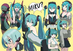 Rule 34 | 1girl, absurdres, alternate costume, alternate hairstyle, aqua eyes, aqua hair, black gloves, commentary, elbow gloves, fangs, gloves, hatsune miku, headphones, highres, long hair, oomura yuusuke, short hair, side ponytail, solo, tan, twintails, two side up, very long hair, vocaloid, yellow background
