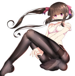 Rule 34 | 1girl, bare shoulders, between legs, black hair, black pantyhose, blush, bra, breasts, commentary request, covered mouth, feet, hair ornament, hair ribbon, hand between legs, long hair, looking at viewer, mad (hazukiken), no shoes, pantyhose, pink bra, pink eyes, pink ribbon, ribbon, senki zesshou symphogear, shiny clothes, simple background, small breasts, soles, solo, strap slip, thighband pantyhose, tsukuyomi shirabe, twintails, underwear, white background
