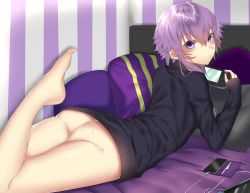 Rule 34 | 1girl, ass, bare legs, barefoot, bed, bed sheet, black sweater, cellphone, hair between eyes, handheld game console, highres, holding, long hair, long sleeves, looking at viewer, lying, no panties, on bed, on stomach, onineko-chan, phone, pillow, playstation vita, purple eyes, purple hair, ribbed sweater, short hair with long locks, sleeves past wrists, smartphone, smartphone case, solo, sweater, turtleneck, turtleneck sweater, voiceroid, yuzuki yukari