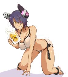 Rule 34 | 10s, 1girl, alcohol, anklet, arm support, ass, beer, beer mug, bikini, breasts, collarbone, cup, eyepatch, grin, halterneck, headgear, holding, holding cup, jewelry, kantai collection, kneeling, large breasts, looking at viewer, mug, navel, necktie, panties, purple hair, sandals, shadow, short hair, simple background, smile, solo, swimsuit, tenryuu (kancolle), tokiwa mmm, underwear, white background, white bikini, white panties, yellow eyes