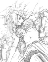 Rule 34 | 1girl, armor, breasts, erza knightwalker, fairy tail, female focus, greyscale, hair over one eye, large breasts, long hair, lying, mashima hiro, midriff, monochrome, navel, on back, sketch, solo
