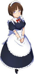 Rule 34 | 1girl, apron, artist request, blue eyes, breasts, brown hair, full body, glasses, highres, large breasts, long skirt, maid, maid apron, maid headdress, nozomi (toushin toshi), official art, own hands together, puffy sleeves, short hair, short sleeves, simple background, skirt, solo, toushin toshi, toushin toshi girls gift, toushin toshi ii, v arms, wrist cuffs