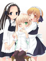 Rule 34 | 3girls, ;d, ahoge, apron, black eyes, black hair, blonde hair, blush, bow, bow panties, dress shirt, green eyes, holding hands, hand on another&#039;s head, hug, jpeg artifacts, looking at viewer, maid, maid apron, maid headdress, multiple girls, no pants, nullken, one eye closed, open mouth, orange eyes, orange hair, original, panties, pink panties, shirt, sitting, smile, thighhighs, twintails, underwear, white shirt, wink