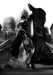 Rule 34 | absurdres, aiu eo, armor, demon&#039;s souls, greyscale, helmet, highres, holding, holding sword, holding weapon, knight, monochrome, shield, sword, tower knight, weapon