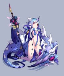 Rule 34 | 1girl, bad id, bad twitter id, blood, blue background, blue hair, bodypaint, breasts, bug, chameleon, chewing, clothing request, fly, highres, holding, holding polearm, holding spear, holding weapon, horns, insect, looking at viewer, open mouth, original, patterned, pointy ears, polearm, red eyes, revealing clothes, sideboob, simple background, single horn, spear, stab, tewo (tewowet), weapon, wings