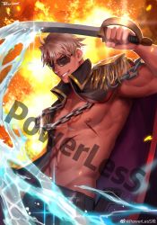 Rule 34 | 1boy, abs, absurdres, bara, bare pectorals, blonde hair, borrowed character, chain, commission, cryokinesis, epaulettes, eyepatch, grin, highres, holding, holding sword, holding weapon, looking at viewer, male focus, muscular, muscular male, navel, nipples, no shirt, original, pectorals, pirate, powerlesssong, short hair, sideburns, smile, solo, stomach, sword, watermark, weapon