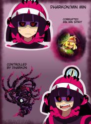 Rule 34 | alternate color, alternate eye color, alternate hair color, angry, arms (game), beanie, black sclera, blonde hair, colored sclera, corruption, crossover, dark persona, dharkon, english text, glowing, glowing eyes, hal laboratory, hat, highres, kiravera8, looking at viewer, mask, min min (arms), nintendo, possessed, possession, purple mask, short hair, super smash bros., watermark