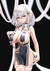 Rule 34 | 1girl, absurdres, azur lane, black background, blush, breast curtains, breasts, china dress, chinese clothes, covered collarbone, covered erect nipples, covered navel, dress, flower, furrowed brow, garter straps, gloves, hair flower, hair ornament, half gloves, highres, l.j., large breasts, looking at viewer, parted lips, pelvic curtain, red eyes, shawl, short hair, side slit, silver hair, simple background, sirius (azur lane), sirius (azure horizons) (azur lane), skindentation, solo, thighhighs, white gloves, white thighhighs