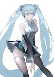 Rule 34 | 1girl, bad id, bad twitter id, bare shoulders, black skirt, black sleeves, blue eyes, blue nails, blue necktie, brown thighhighs, collared shirt, commentary request, detached sleeves, feet out of frame, hair ornament, hatsune miku, headset, highres, legs apart, long hair, looking at viewer, miniskirt, nail polish, necktie, parted lips, pleated skirt, plqy er, shirt, simple background, skirt, sleeveless, sleeveless shirt, solo, thighhighs, twintails, very long hair, vocaloid, white background, white shirt