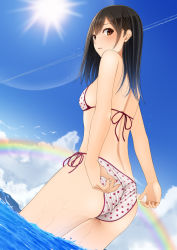 Rule 34 | 1girl, arms behind back, ass, back, bare shoulders, bikini, bird, black hair, blush, breasts, brown eyes, cloud, contrail, day, dutch angle, from behind, gradient background, kentaurosu, leaning forward, long hair, looking at viewer, looking back, open mouth, original, outdoors, polka dot, polka dot bikini, polka dot swimsuit, rainbow, side-tie bikini bottom, sky, small breasts, solo, standing, sun, swimsuit, wading, water, wet