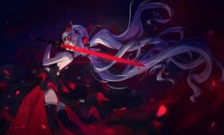 Rule 34 | 1girl, black dress, black gloves, closed mouth, dress, flower, gloves, hair flower, hair ornament, highres, holding, holding sword, holding weapon, honkai (series), honkai impact 3rd, looking at viewer, one eye closed, pmg, red eyes, red flower, red rose, rose, sleeveless, sleeveless dress, strapless, strapless dress, sword, theresa apocalypse, theresa apocalypse (luna kindred), twintails, vampire, weapon, white hair