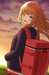 Rule 34 | 1girl, backpack, bag, black jacket, blazer, blush, cloud, from behind, green eyes, gridman universe, highres, jacket, looking at viewer, looking back, minami yume, open mouth, school uniform, sky, smile, solo, ssss.dynazenon, sunset, taiyoshi