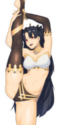 Rule 34 | 1girl, absurdres, armpits, bandeau, bikini, black thighhighs, breasts, cowboy shot, detached sleeves, dyun, earrings, fate/grand order, fate (series), highres, hoop earrings, ishtar (fate), jewelry, long hair, long legs, looking at viewer, medium breasts, mismatched bikini, navel, neck ring, open mouth, parted bangs, red eyes, simple background, single detached sleeve, single thighhigh, solo, split, standing, standing on one leg, standing split, strapless, swimsuit, thighhighs, thighs, tiara, tube top, very long hair, white background