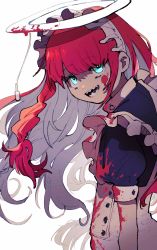 Rule 34 | 1girl, :d, absurdres, blood, blood on arm, blood on clothes, blood on face, blue eyes, braid, colored inner hair, colored tongue, eyes visible through hair, halo, highres, inari1369, long hair, maid, maid headdress, multicolored hair, open mouth, original, pink hair, puffy short sleeves, puffy sleeves, purple tongue, sharp teeth, short sleeves, side braid, simple background, smile, solo, teeth, two-tone hair, white background, white hair