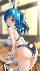 Rule 34 | 1girl, aigami shion, animal ears, ass, black one-piece swimsuit, blue eyes, blue hair, blurry, blurry background, breasts, chair, classroom, commentary request, competition swimsuit, covered erect nipples, desk, garter-velvet, gloves, highres, leotard, long hair, looking at viewer, medium breasts, one-piece swimsuit, original, playboy bunny, rabbit ears, rabbit tail, school chair, school desk, smile, solo, standing, swimsuit, tail, thighs, white gloves, white one-piece swimsuit, wrist cuffs