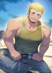 Rule 34 | 1boy, bara, beard, biceps, black hair, blonde hair, blush, chest hair, clenched hands, denim, facial hair, hairy, highres, jeans, jewelry, large pectorals, looking at viewer, male focus, manly, mature male, multicolored hair, muscular, muscular male, necklace, open mouth, original, pants, pectorals, short hair, sitting, sky, smile, solo, sweat, sweatdrop, tank top, teeth, thick arms, thick eyebrows, tongue, veins, veiny arms, waku (ayamix), yellow eyes