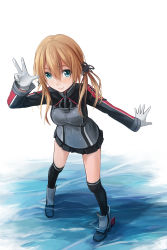 Rule 34 | 10s, black skirt, black socks, blonde hair, blush, boots, breasts, closed mouth, commentary, foreshortening, full body, gloves, green eyes, hair between eyes, highres, kantai collection, kneehighs, long sleeves, looking at viewer, looking up, medium breasts, armored boots, military, military uniform, miniskirt, prinz eugen (kancolle), redpoke, school uniform, serafuku, simple background, skirt, smile, socks, solo, standing, standing on liquid, uniform, v, water, white background, white gloves