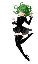 Rule 34 | 1girl, black dress, black footwear, black thighhighs, blush, boots, breasts, closed mouth, commentary request, dress, full body, green eyes, green hair, hands up, high heel boots, high heels, jewelry, long sleeves, looking at viewer, one-punch man, pendant, pleated dress, short dress, simple background, small breasts, solo, taka (takahirokun), tatsumaki, thigh boots, thighhighs, white background