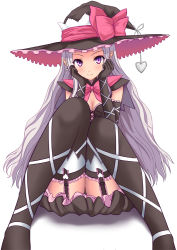 Rule 34 | 10s, 1girl, bow, elbow gloves, garter straps, gloves, hat, head rest, long hair, melty (shining hearts), natsuzakura yuuki, pointy ears, purple eyes, purple hair, sega, shining (series), shining hearts, simple background, skirt, solo, thighhighs, witch hat