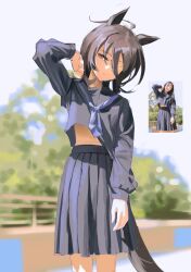 1girl agnes_tachyon_(umamusume) ahoge animal_ears arm_up black_sailor_collar black_shirt black_skirt blue_neckerchief character_request clothes_lift cropped_shirt elosia hair_between_eyes highres horse_ears horse_girl horse_tail huge_ahoge long_bangs long_hair_between_eyes long_sleeves neckerchief outdoors photo-referenced photo_inset pleated_skirt sailor_collar school_uniform shirt shirt_lift short_hair skirt solo tail tree umamusume