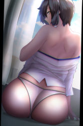 Rule 34 | 10s, 1girl, ass, back, bare shoulders, big.g, black hair, closed mouth, curtains, day, from behind, highres, kaga (kancolle), kantai collection, looking at viewer, looking back, off shoulder, panties, profile, short hair, sitting, solo, sunlight, underwear, white panties, yellow eyes