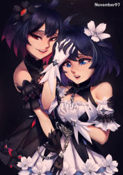 Rule 34 | 2girls, :d, :o, absurdres, bare shoulders, black background, black dress, black flower, black gloves, blue eyes, blue hair, chain, crispytuna97, dress, dual persona, flower, gloves, hair between eyes, hair flower, hair ornament, hand on own face, highres, honkai (series), honkai impact 3rd, looking to the side, multiple girls, open mouth, red eyes, red hair, seele (alter ego), seele vollerei, seele vollerei (stygian nymph), short hair, smile, tearing up, tears, white dress, white flower, white gloves