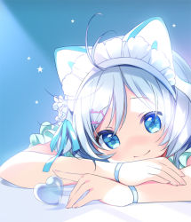 Rule 34 | .live, 1girl, animal ears, antenna hair, blue background, blue eyes, blush, cat ears, cat hair ornament, closed mouth, commentary request, fake animal ears, frills, hair ornament, hairclip, heart, hinayuki usa, looking at viewer, maid headdress, nose blush, silver hair, dennou shoujo siro, smile, solo, star (symbol), swept bangs, tareme, transparent, upper body, virtual youtuber, wristband