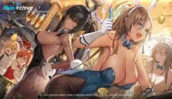 Rule 34 | 5girls, akane (blue archive), akane (bunny) (blue archive), animal ears, aqua leotard, asuna (blue archive), asuna (bunny) (blue archive), black hair, black leotard, blue archive, blue bow, blue bowtie, blue leotard, bow, bowtie, breasts, commentary, dark-skinned female, dark skin, detached collar, english commentary, fake animal ears, fishnet legwear, fishnets, glasses, gloves, gradient hair, hair over one eye, halo, highleg, highleg leotard, karin (blue archive), karin (bunny) (blue archive), koyuki (blue archive), koyuki (bunny) (blue archive), large breasts, leotard, light brown hair, mo:oku, mole, mole on breast, multicolored hair, multiple girls, neru (blue archive), neru (bunny) (blue archive), number tattoo, official alternate costume, official art, pantyhose, playboy bunny, purple hair, rabbit ears, rabbit tail, second-party source, strapless, strapless leotard, tail, tattoo, traditional bowtie, white gloves, yellow eyes