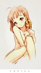 Rule 34 | 1girl, ahoge, azukilib, between legs, blush, bow, braid, breasts, cleavage, collarbone, completely nude, female focus, hair bow, hand between legs, hand up, knees up, love live!, love live! sunshine!!, medium breasts, nude, open mouth, orange hair, red eyes, short hair, simple background, single braid, sitting, solo, takami chika, white background, yellow bow