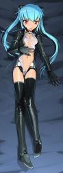 Rule 34 | 10s, artist request, blue hair, busou shinki, doll joints, joints, lying, melting, red eyes, shimada fumikane, strarf, thighhighs, twintails