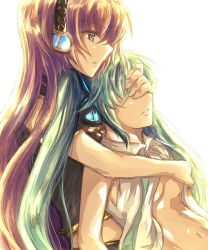 Rule 34 | 2girls, aqua eyes, aqua hair, bad id, bad pixiv id, blue eyes, breasts, covering privates, covering face, covering own eyes, female focus, green hair, hand on another&#039;s face, hatsune miku, headphones, highres, hug, hug from behind, long hair, megurine luka, multiple girls, navel, necktie, open clothes, pink hair, twintails, very long hair, vocaloid, yuri, yuuyu (777)
