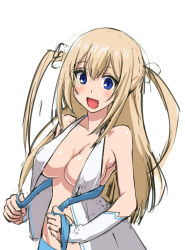 Rule 34 | 10s, 1girl, :d, amagi brilliant park, blonde hair, blue eyes, breasts, cleavage, long hair, medium breasts, navel, open clothes, open mouth, open shirt, shirt, simple background, smile, solo, sylphy (amaburi), taka (takahirokun), twintails, white background